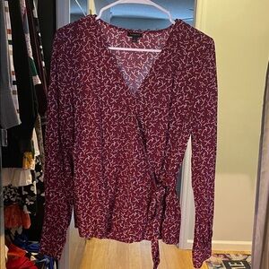 Talbots Burgundy Wrap Blouse with White Pattern